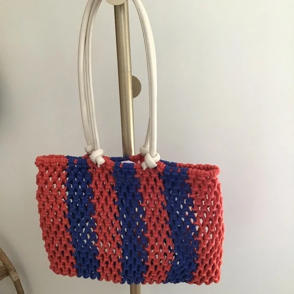 Clare V. Sandy Tote Cobalt & Bright Poppy Stripe NWT - Picture 12 of 15